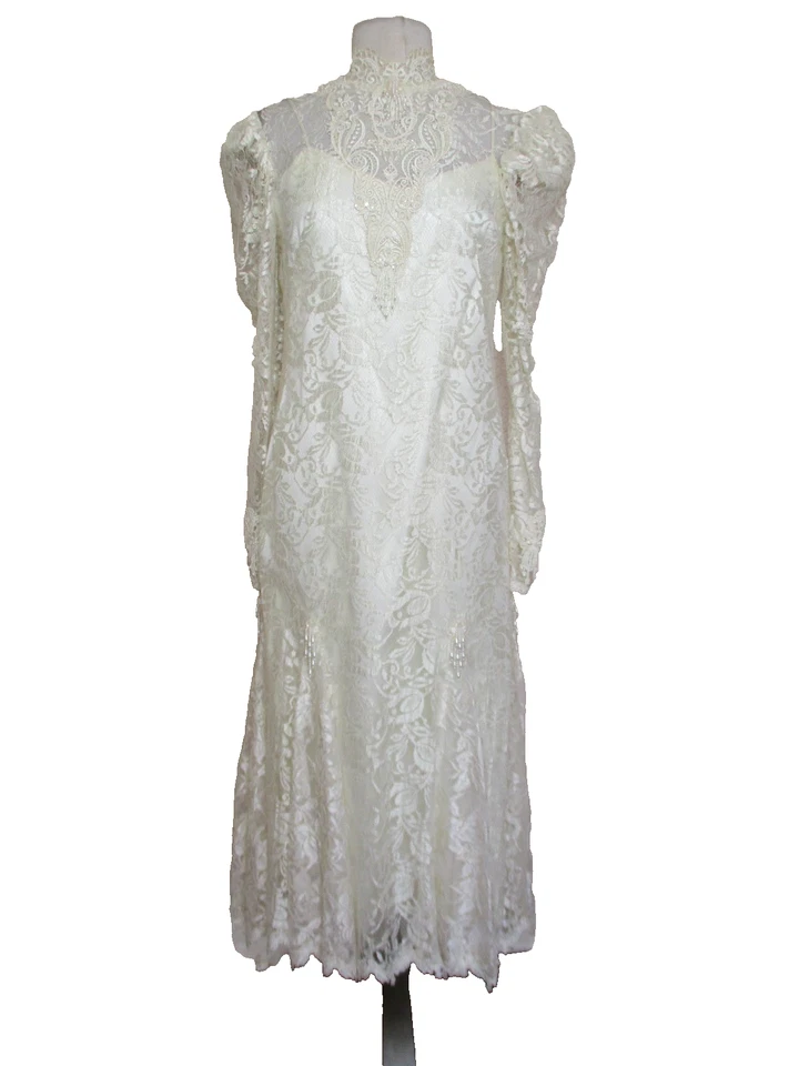 Vintage 80s Cream Lace Beaded Wedding Dress 16 Victorian S/M Women - Image 2 of 4