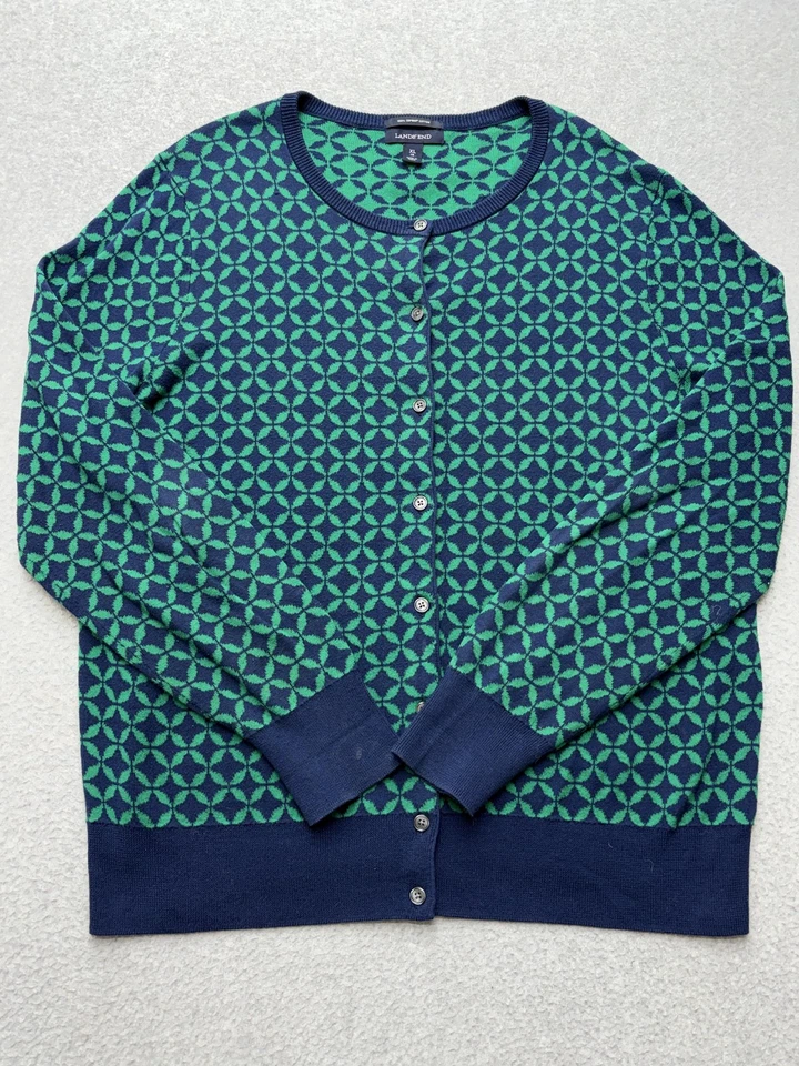 Lands' End Cardigan Sweater Womens XL Blue Green Supima Cotton Button Front - Image 4 of 4