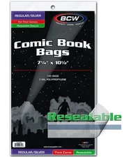 (1000) Case of BCW Resealable Silver/Regular Comic Book Bags - Thick 7¼" X 10½"