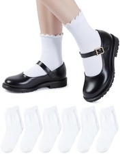 6 Pairs Girls Ruffle Socks School Uniform Dress Socks for Kids 4-6 Years White