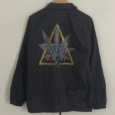 HUF Coaches Jacket Mens L Black Graphic Button Windbreaker