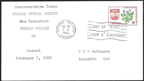 🍁Canada  #421  "NEW BRUNSWICK FLORAL EMBLEM"   Fine Used  1965  First Day Cover