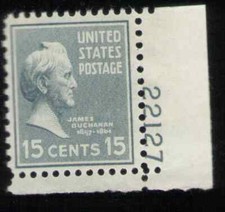 US. 820. 15c. James Buchanan, Presidential. Single Pl# 22127 LR. MNH. 1938