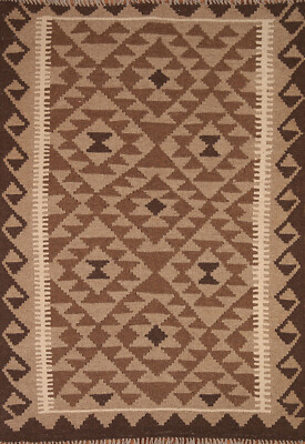 Brown Geometric Kilim Rugs Wool Traditional Kelim Carpets 3x5 ft