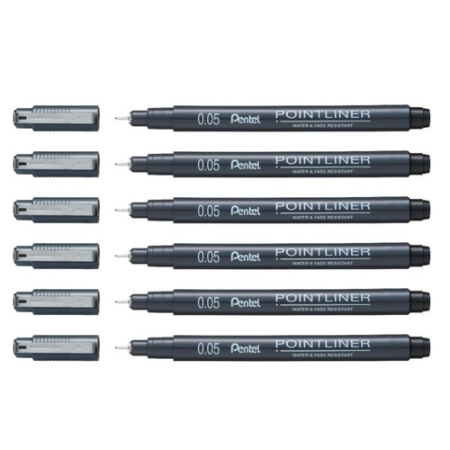 Pentel Pointliner Pigment Liner Set - 6 Fineliner Pens For Technical Drawing & Art