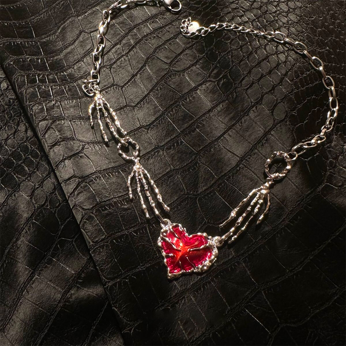 Gothic Punk Skeleton Hands Embracing Heart Necklace Pendant Unique