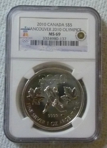 2010 CANADA - $5 DOLLARS - VANCOUVER OLYMPICS - HOCKEY - 1 Oz SILVER - NGC MS69