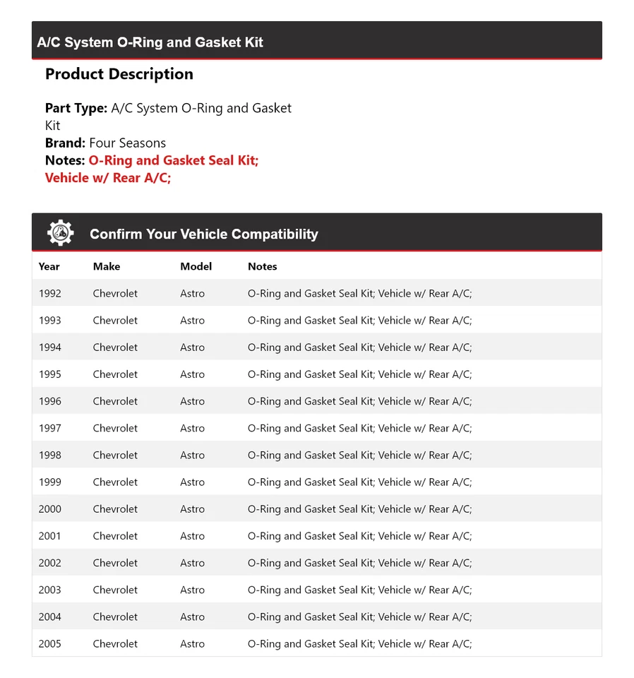 Para 1992-2005 Chevrolet Astro A/C System O-Ring e kit de junta 4 temporadas 1993 - Imagem 2 de 4