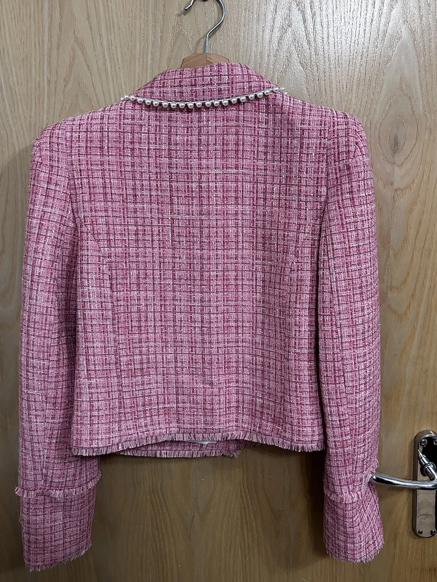 River Island Womens Size 10 Tweed Blazer Pink Pearl Boucle Check