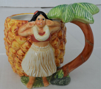 Rare NWT Hula Girl Pineapple 3D Sakura Hand Painted Palm Tree Mug Highly Collect