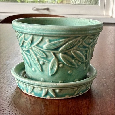 Vintage McCoy Pottery Turquoise Hobnail Leaves & Berries Planter W/ Saucer 4x3 