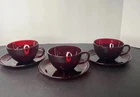 3 Ruby Red Cup & Saucer Set Round Cups Coffee Tea Vtg Glass Retro 6 PCs
