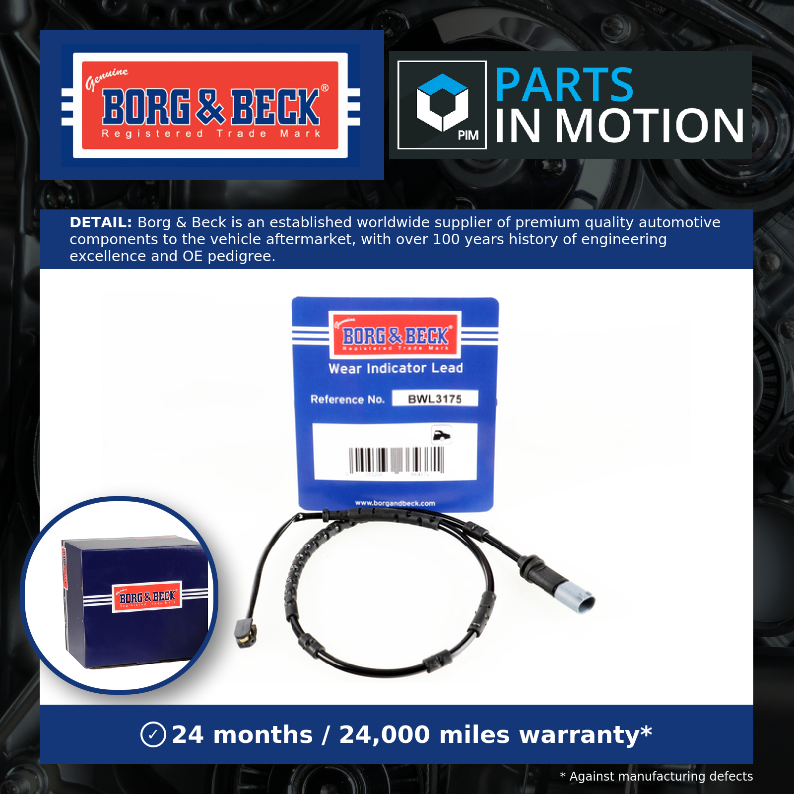 Brake Pad Wear Indicator Sensor Rear BWL3175 Borg & Beck Warning Contact Wire
