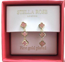 NEW STELLA ROSE FINE GOLD PLATED,PINK ENAMEL TRIPLE CLOVER DANGLE DROP EARRINGS