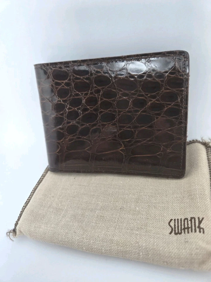 Billetera de hombre vintage años 60 SWANK genuina cocodrilo DK marrón con bolsa antipolvo Foto 2 de 4