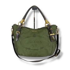 PRADA Tessuto Nylon Tote Shoulder Bag Two WAY Green Khaki Leather Authentic