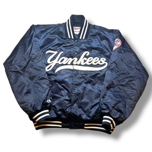 VTG Y2K Majestic New York Yankees Satin Bomber Jacket Navy Blue Mens Size Large