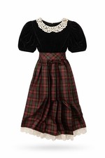 Vintage Girls Black Velvet Plaid Dress Lace Collar Holiday Christmas USA Sz 8