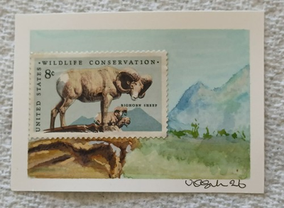 #ad #ad Postal Whimsy ACEO OOAK 8c Bighorn Wildlife Conservation Stamp Mixed Media Art $6.99