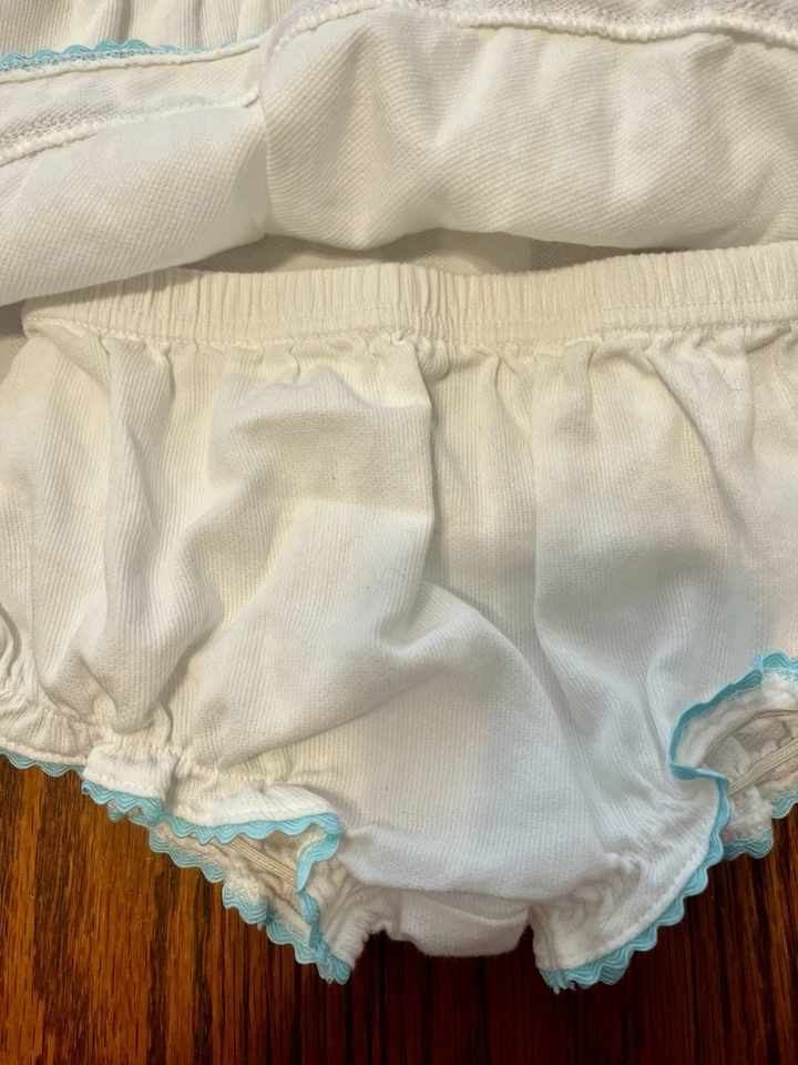 Sundress Bonnet Sz 6-9 Mos White Blue Purple Trim Bloomers  Koala Baby - Image 3 of 4