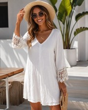 Everly White Boho Shift Dress M Rayon V-Neck Crochet Cuff Beach Cottagecore