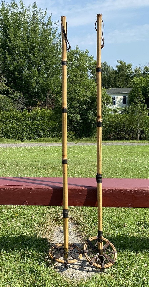 Lovely ANTIQUE BAMBOO Ski POLES 51" LONG w/ DOUBLE Bamboo Baskets SNOW SKIS!  | eBay
