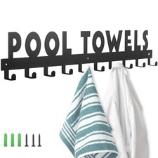 32in Large Pool Towel Rack 10 Hooks Wall Mounted Carbon Steel Sturdy Outdoor
