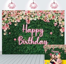 Generic Green Leaves Happy Birthday Backdrop Neon Pink Rose Flower Photography B