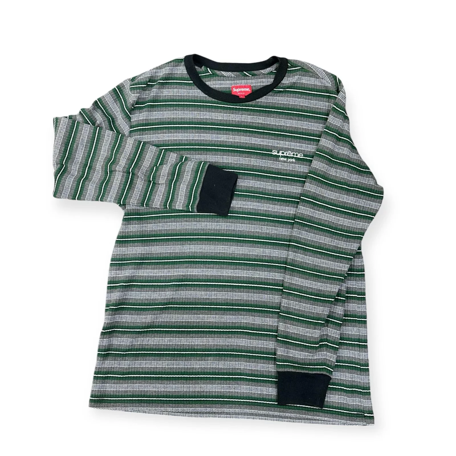 Supreme × Haut vintage Supreme côtelé tricot rayures L/S FW16 TAILLE L vert très bon état