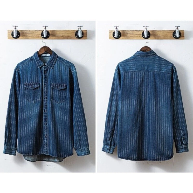 Herren Denim Gestreiftes Hemd Distressed Jeans Hemd Bluse Geknöpft Top Retro - Bild 1 von 4