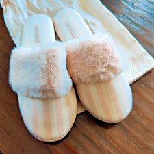 NEW Victoria s Secret Satin Stripe Faux Fur Trim Slippers Satin Bag Large 9-10