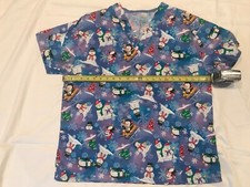 Christmas holiday snow man penguin scrub top sz L