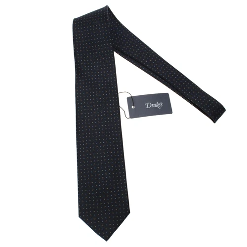 Drake's NWT Neck Tie in Navy with Blue/Brown/White Geometric Pattern 100% Silk