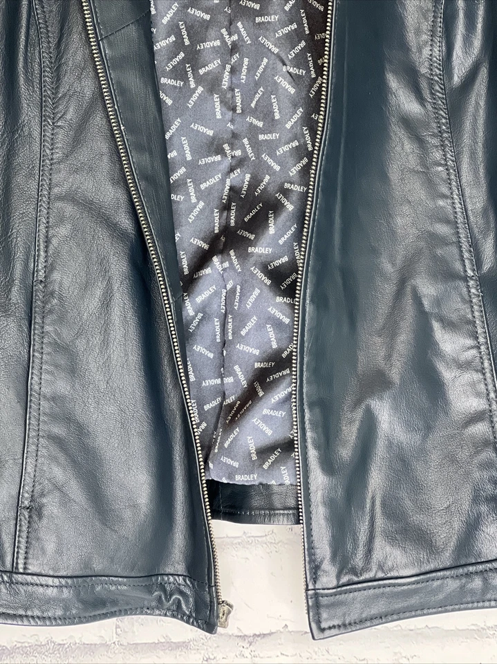 BRADLEY Bradley Bayou Womens Blue Leather Moto Jacket Size M Mock Collar Retro - Image 4 of 4