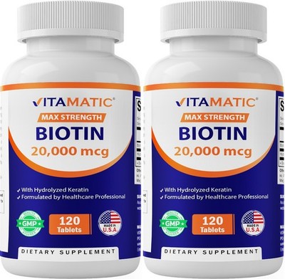 2 pack Vitamatic High Potency Biotin 20000 mcg (20mg) with Keratin 100mg 120 Tab