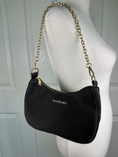 bebe Black Crescent Crossbody Shoulder Bag Detachable Nylon Strap Gold Hardware