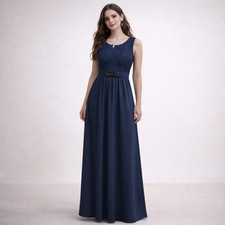 Belle Badgley Mischka Evening Dress 12 Navy Blue Lace Beaded Formal Bridesmaid