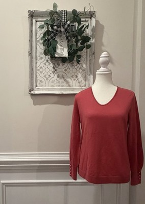 Talbots Petite Merino Wool Sweater MP Coral V Neck- Button Cuffs-Classic- Career
