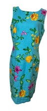 Talbots Sleeveless Fully Lined Linen Aqua Vibrant Tropical Floral Dress Size 10