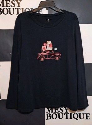 Loft Womens Long Sleeve Classic Graphic Print Christmas Car  T-Shirt Blk Sz XL 
