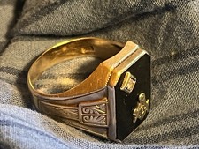 10k Gold Deco VTG Black Onyx & Diamond Masonic Men's Ring Size 8. 5.9-6g Weight