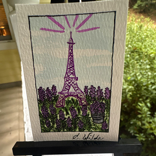Elizabeth Wilde ACEO Original “A Lavender Eiffel Tower” Watercolor Ink 2026
