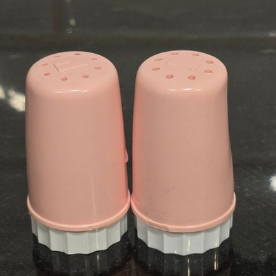 Vintage Pink Plastic Salt & Pepper Shakers Retro 50s font Pastel Kitchen Set