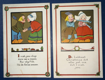 SET 2 DUTCH CHILDREN Christmas Antique Postcards. EMB. Strong Gold. P=Bergman