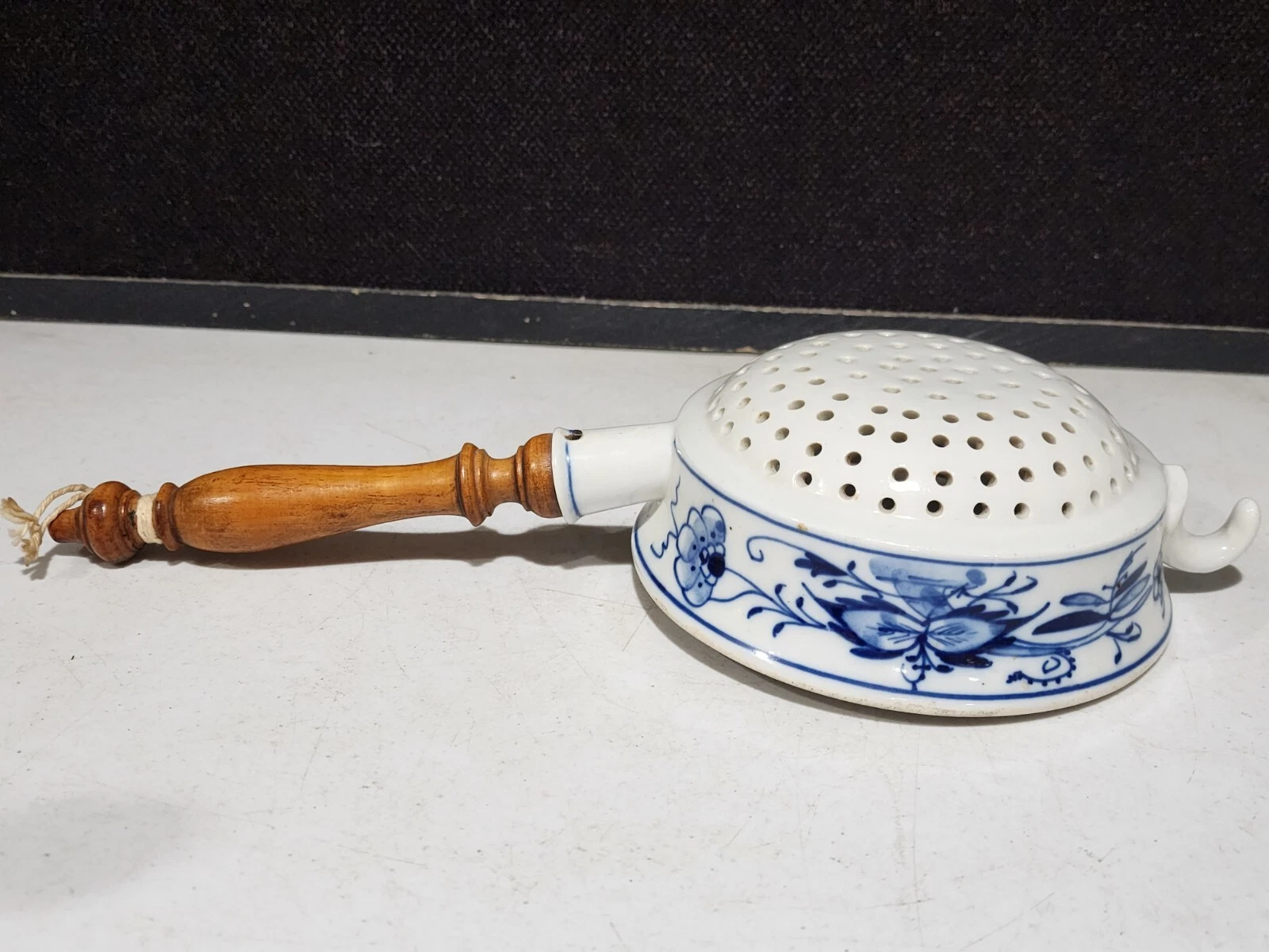 LARGE Antique Blue Onion Porcelain Pierced Strainer Colander with Wood Handle