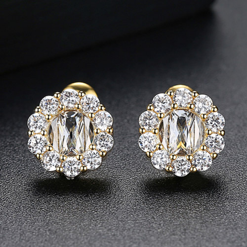 Brass Zircon Ear Studs Gold Plated Fashion Jewelry Gift for Women in 2 Colors