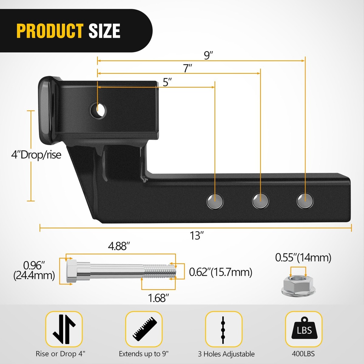 KAIRAY Trailer Dual Hitch Extender Adapter With 2-inch & 8 - View #7