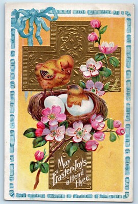 Easter Holy Cross Hatched Egg Chick Pink Flowers Embossed Nash Signed Postcard