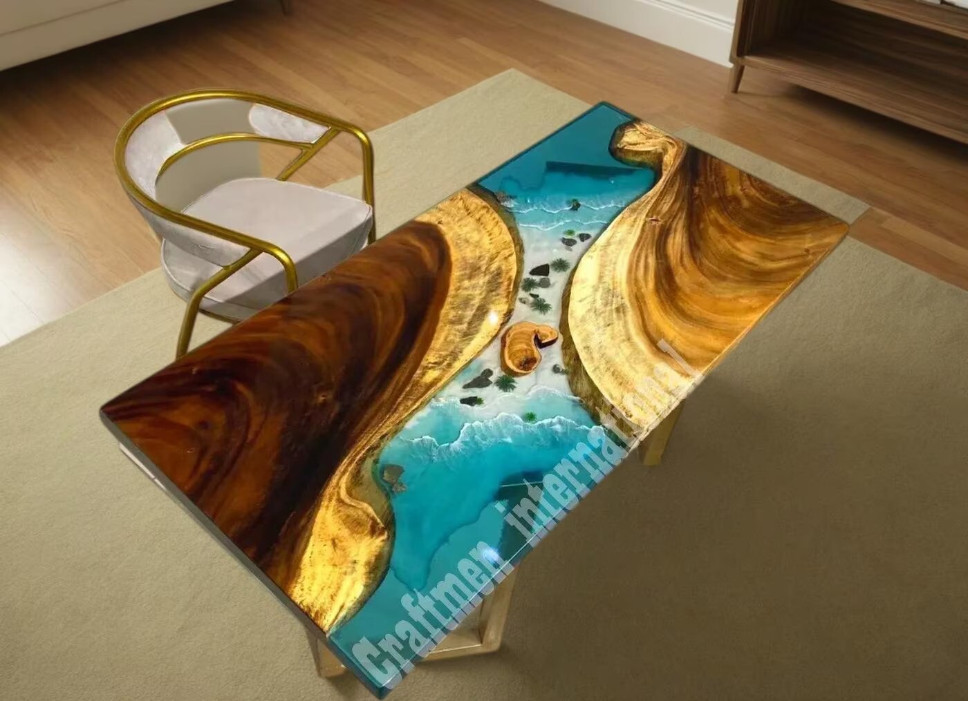 Glossy Ocean Blue Epoxy River Table for Stylish Home Decor