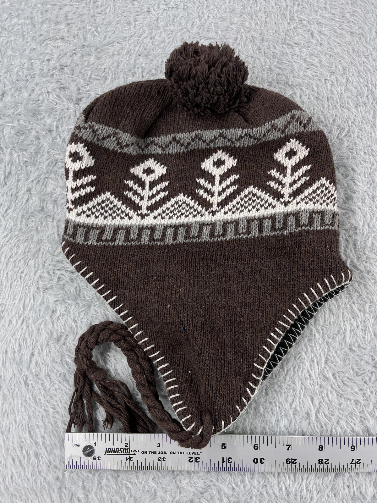 Brown Fair Isle Knit Beanie with Ear Flaps and Pom for Skiing Adults One Size Acrylic Poly Blend-image